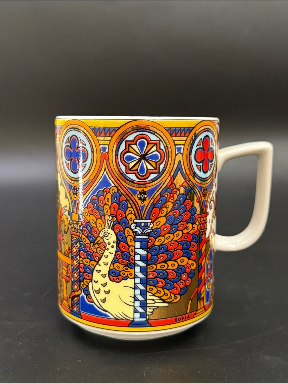 BOPLA! MAGIC Switzerland Peacock Stained Glass Style Gold Trim Porcelain Mug